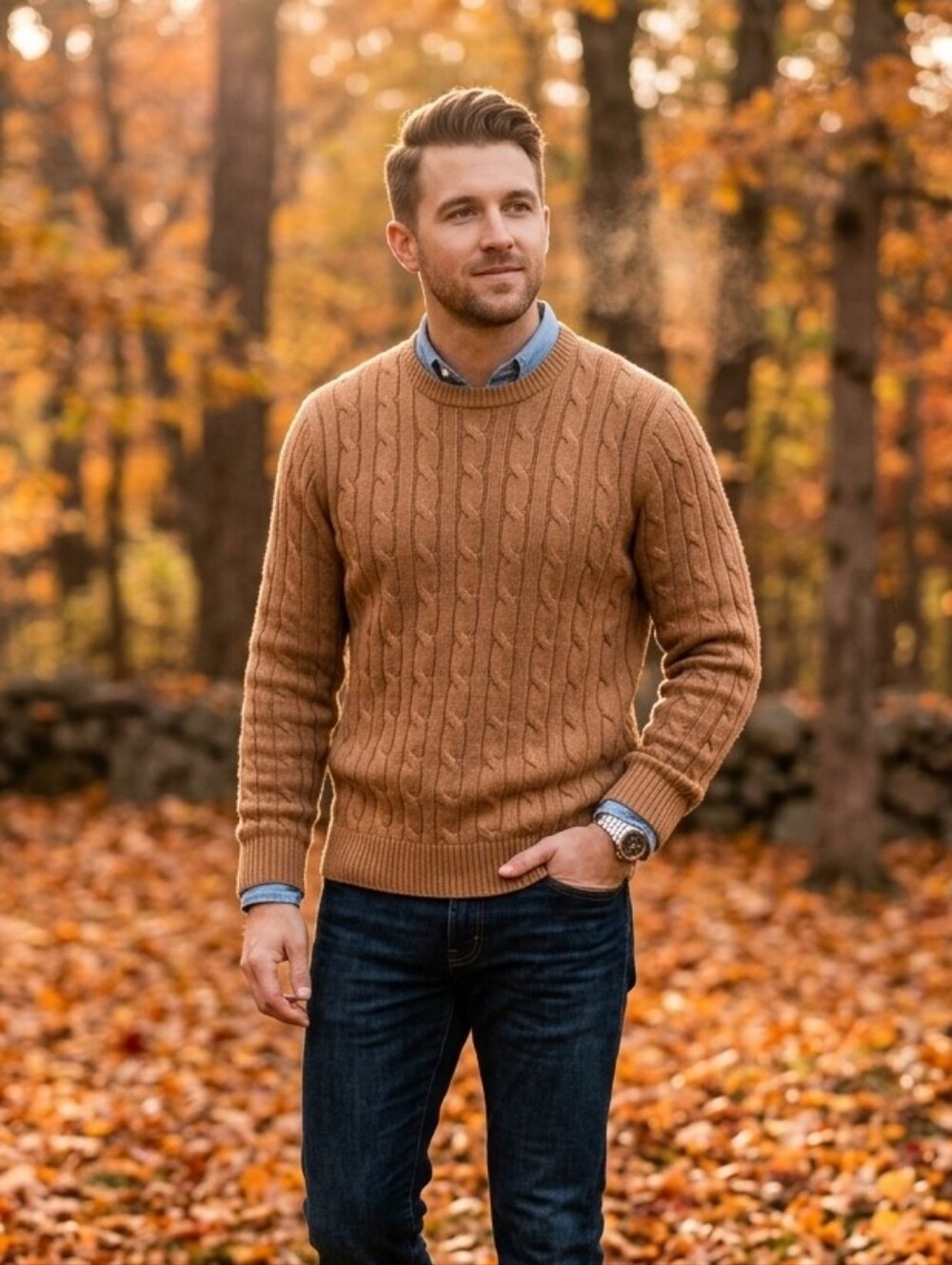 EXPRESS Men's Camel Brown Cable Knit Crewneck Sweater L